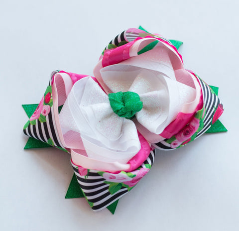 5” T B&W Stripe w Roses/ Light Pink w Shocking Pink Ruffle OL/ White w White CGOL- Green Dazzle K&T