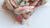 4” T Moonstone w Crochet Flowers/ Dazzle w Peach Velvet OL/ Moonstone w Burlap & Mint Lace