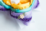 4" T Lavender w Organza Ruffle and Sequins/ CGOL/Yellow w Ruffle OL and FLOWER EMBELLISHMENTS