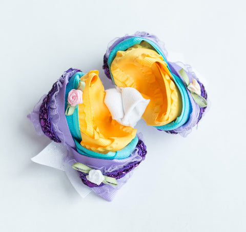 3" TR Lavender w Organza Ruffle and Sequins/ Dazzle OL/ Yellow w Ruffle OL and FLOWER EMBELLISHMENTS